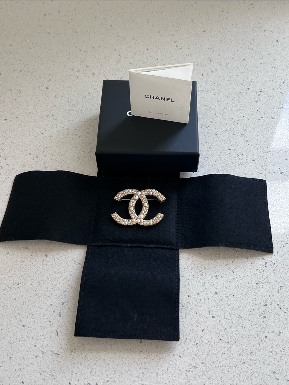 CHANEL Gold-Tone CC Brooch with Pearlescent Accents